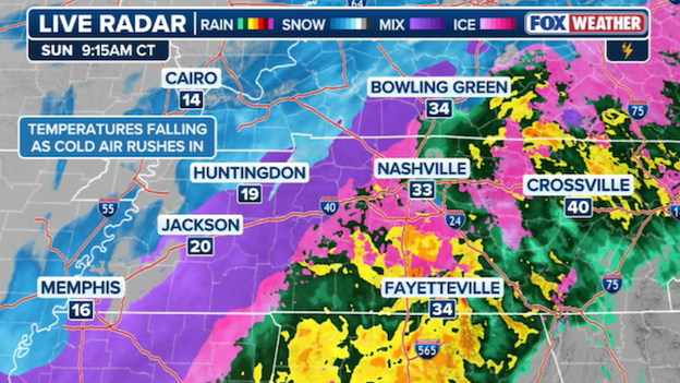 Frigid air rushing in toward Nashville, Tennessee right now