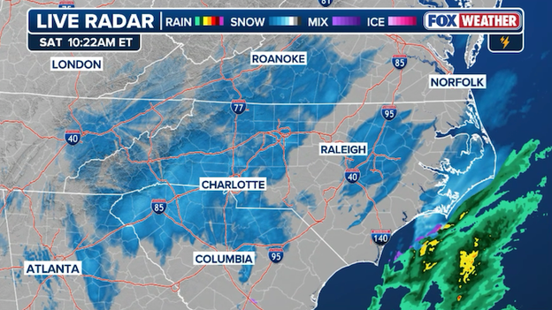 Snow falling across the Carolinas as nor'easter intensifies