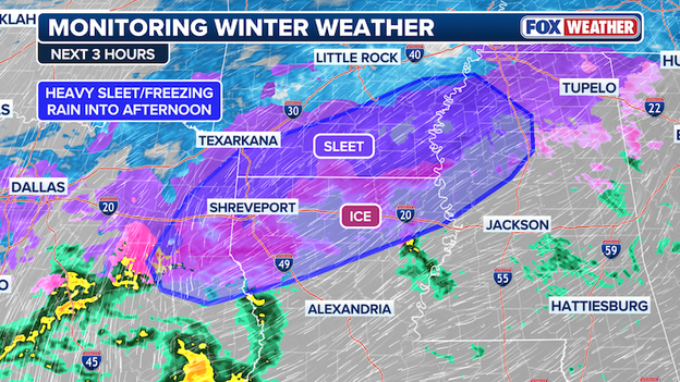 Heavy freezing rain and sleet slamming Shreveport, Louisiana