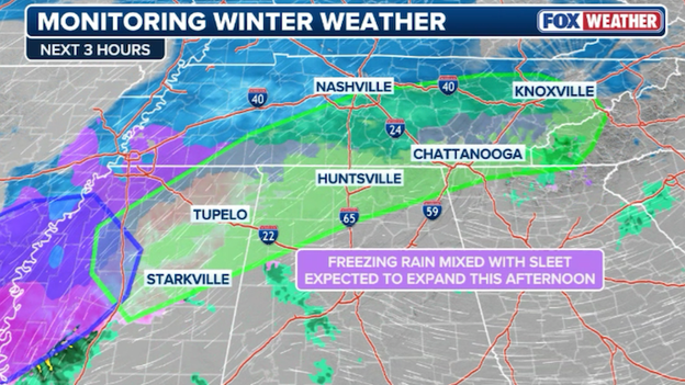 Freezing rain threat increasing over the Deep South right now