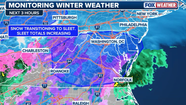 Snow expected to transition to sleet in Washington in the hours ahead
