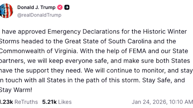 President Trump approves emergency declarations for Virginia & South Carolina