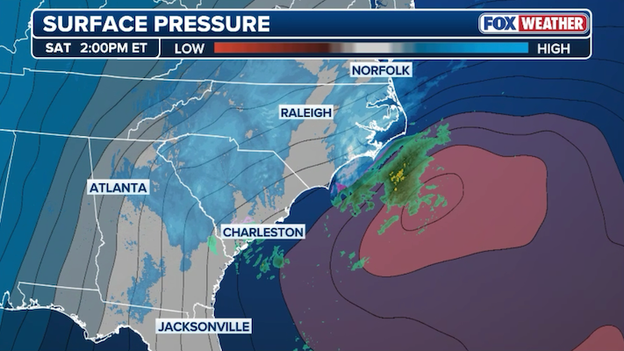Nor'easter 'bombing out' with pressure rapidly falling offshore