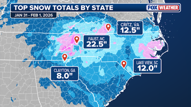 Nor'easter coats the Carolinas, Georgia, and Virginia in record snow