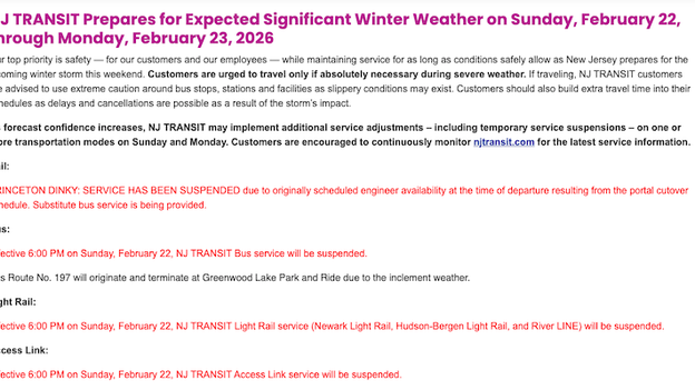 NJ Transit to suspend all bus and light rail service at 6 pm tonight