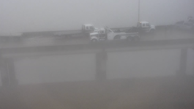 Camera shows dense fog covering I-10 Bayway near Mobile, Alabama