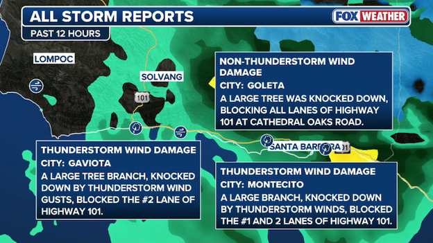 Downed trees reported on HWY 101 near Santa Barbara