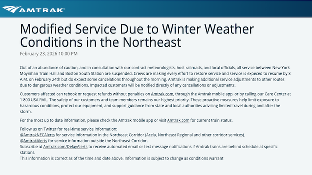 Amtrak cancels dozens of Tuesday trains during slow post-blizzard recovery