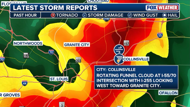 Funnel cloud spotted east of St. Louis as severe storms slam the Mississippi River Valley