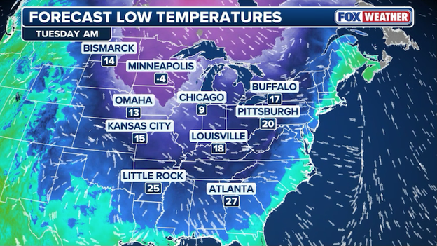 Bitter cold to sweep the East as a polar air mass follows the weekend blizzard