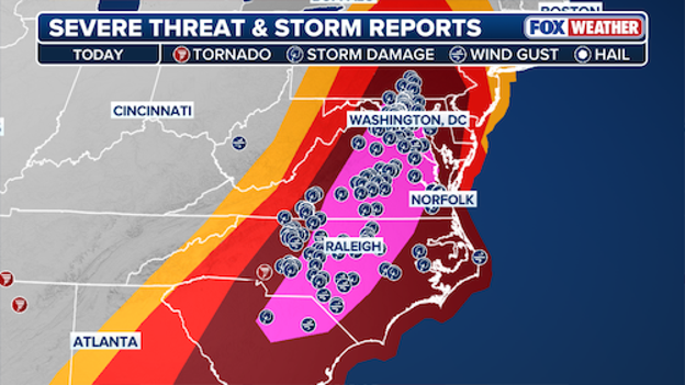 Strong wind gusts reported in the Mid-Atlantic