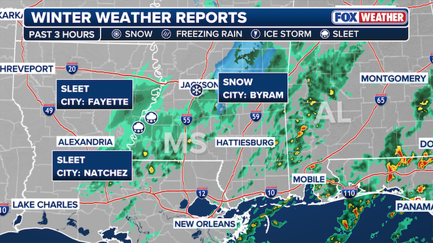 Winter's sudden return brings snow and sleet to the Deep South this Monday
