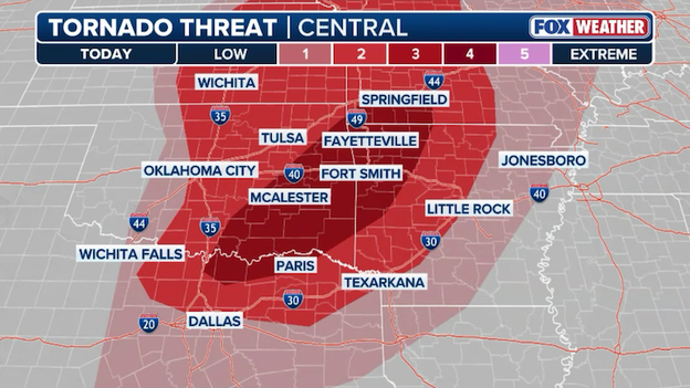Eastern Oklahoma to southern Missouri in the bullseye for potential strong tornadoes