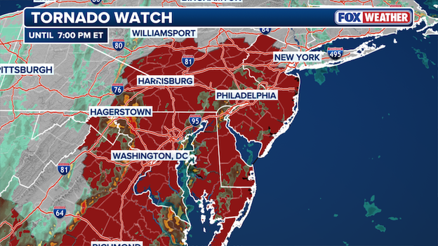 Tornado Watch expands to the I-95 corridor as 80-mph gusts target the Northeast