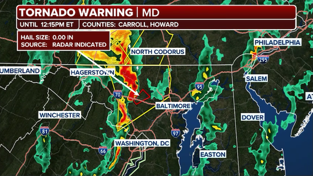 Tornado-warned storms racing north of Washington at this hour