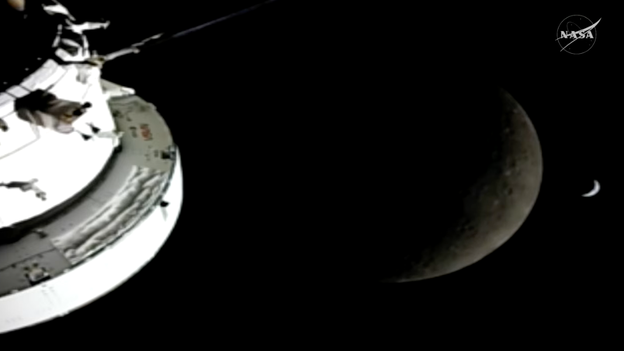 Moon and Earth both visible from the Orion spacecraft
