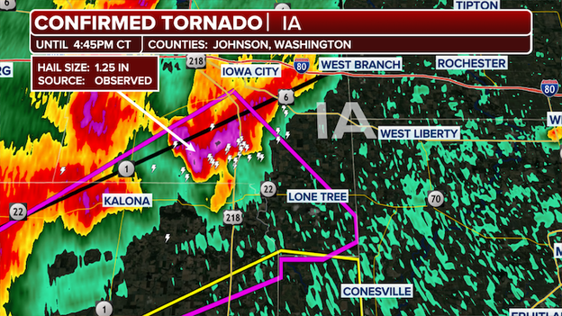 Reported tornado swirling near Johnson and Washington counties in Iowa