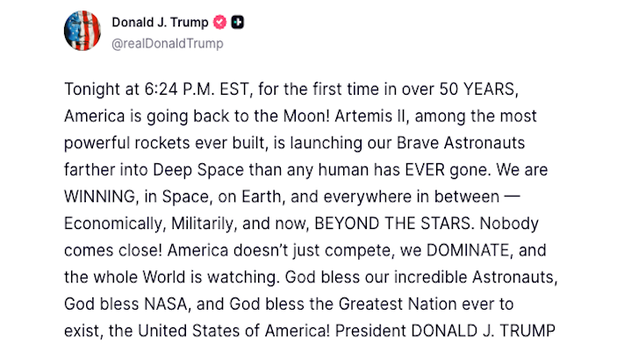 'America Dominates': President Trump celebrates Artemis II moon launch