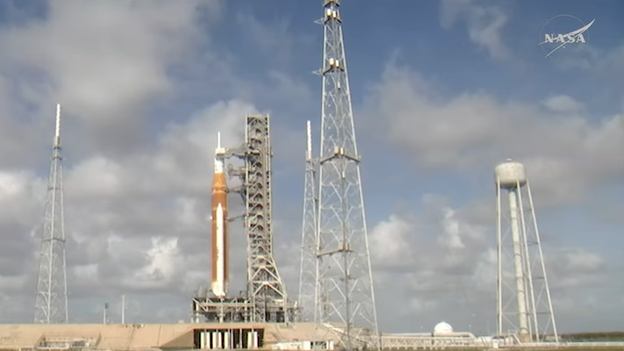 Clouds drift over Artemis II launch pad as weather teams monitor safety rules