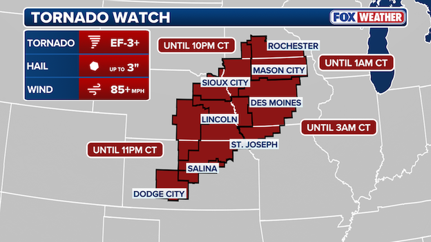 Tornado Watch expanded east to include Des Moines until 3 a.m.