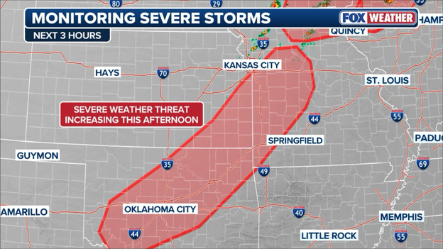 Severe storm threat increasing now across Kansas, Missouri, and Oklahoma
