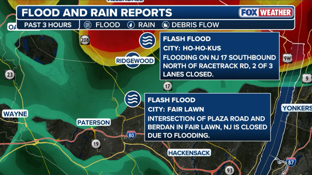 Dangerous flash flooding triggers road closures in New Jersey