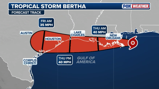 Tropical Storm Bertha weakens slightly on track toward southeast Louisiana