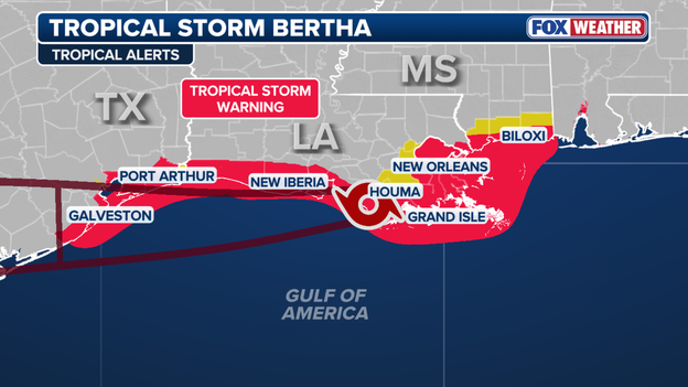 Tropical Storm Warning expanded into Texas as Bertha tracks west along Gulf Coast