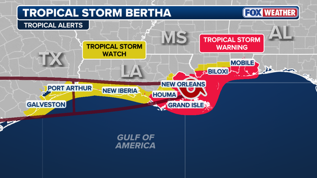 Tropical Storm Warnings shift west as Bertha tracks across Louisiana