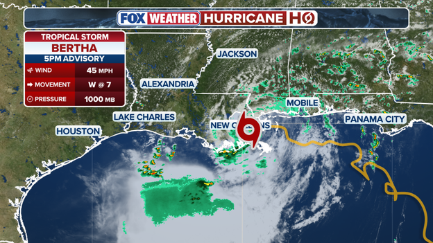5 p.m. Advisory: Center now 25 miles southeast of New Orleans with 45 mph winds