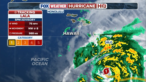 5 p.m. ET advisory: Lala turns northwest and slows down as terrain interaction begins