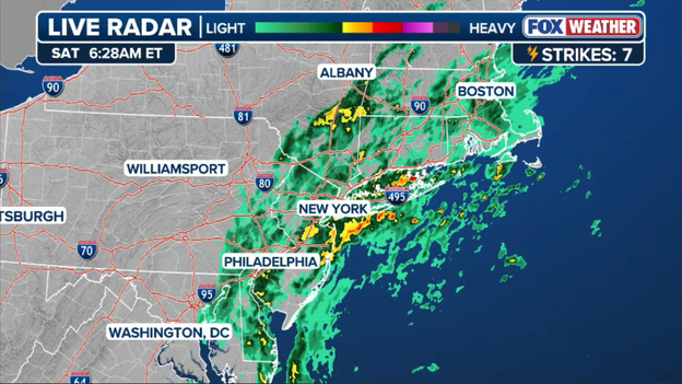 Rain bands sweep across the Northeast while offshore storm intensifies