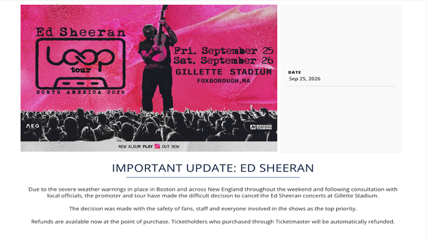 Ed Sheeran's Gillette Stadium concerts canceled this weekend