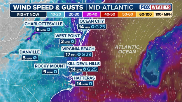 Winds starting to ramp up along Mid-Atlantic coastline