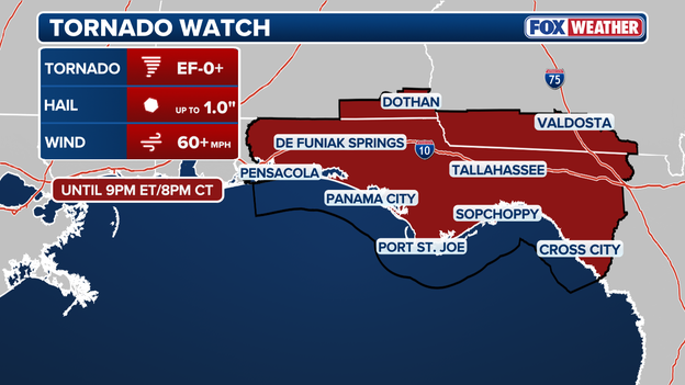 Tornado Watch in effect until 9 p.m. ET as outer rainbands push inland