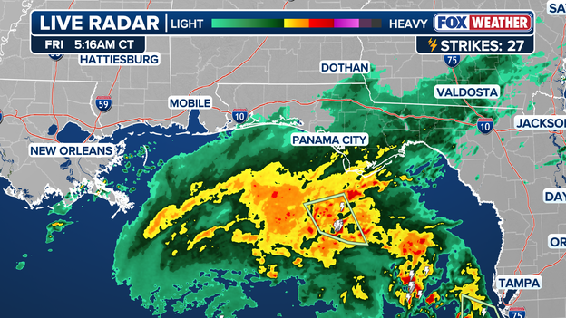 First outer rainbands near the Panhandle coast and inland areas