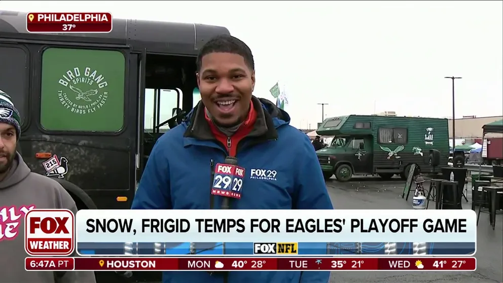 FOX 29 Philadelphia reporter Greg Payne joins FOX Weather for a live report from Lincoln Financial Field in Philadelphia, where the Eagles host the Los Angeles Rams this afternoon for an NFL divisional playoff game that's expected to be played in the snow.