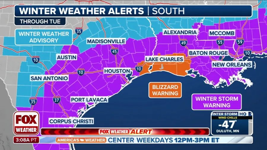 Blizzard Warning issued for portions of Texas, Louisiana as historic winter storm slams South