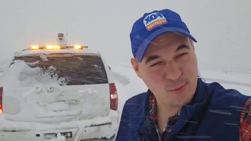 FOX Weather Exclusive Storm Tracker Brandon Copic reports live along I-10 in blizzard conditions near Jennings, Louisiana, on Tuesday.