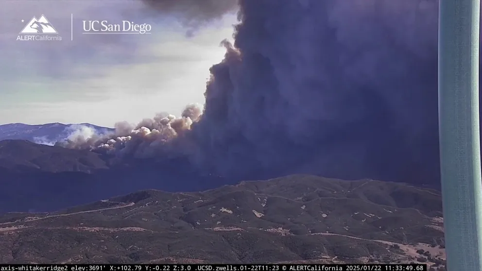 Timelapse footage shot on Wednesday morning shows the Hughes Fire exploding in size near the town of Castaic, California, which is located north of the city of Los Angeles. The Hughes Fire has grown to nearly 3,500 acres and is 0% contained as of early Wednesday afternoon. (Courtesy: ALERTCalifornia/UC San Diego via Storyful)