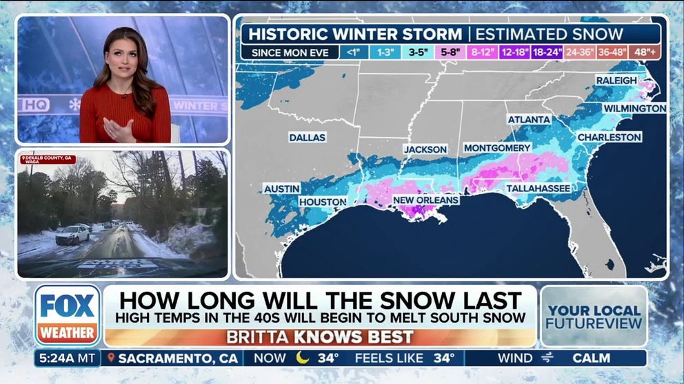 A powerful and rare winter storm swept across the South on Tuesday, bringing the first-ever Blizzard Warning to the Gulf Coast and blasting communities from Texas to Florida to the Carolinas with record-shattering snow that snarled travel and brought daily life to a halt.