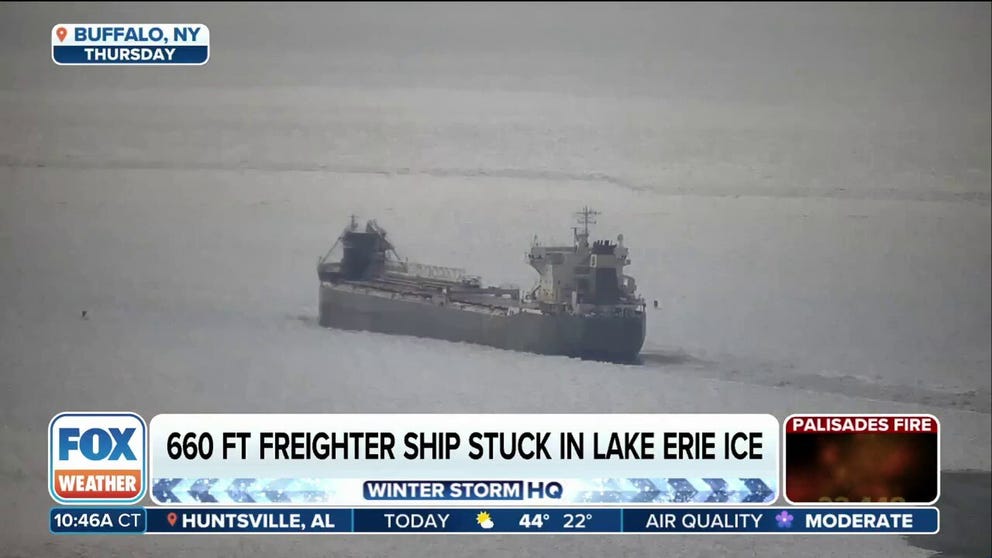 Time-lapse footage from Buffalo, New York, captures a 663-foot ship trapped in thick lake ice as smaller boats work to free it from Lake Erie in Buffalo, New York.