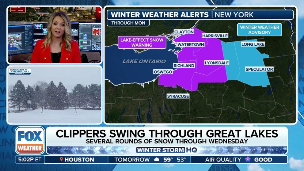 Three rounds of weather systems moving down out of Canada will bring strong wind gusts and snow to the Great Lakes region this week. Clipper No. 1 could bring up to 8 inches for areas of western New York. A second system moves in Monday night prompting wind alerts for the region through Tuesday morning.