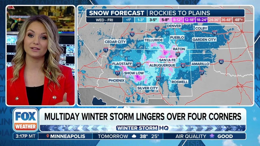 A slow-moving winter storm system will move out of California and toward the Four Corners region this week. Snow is forecast from the Rockies to the Plains through Thursday. Warm air will head off the system, bringing a potential for severe thunderstorms for portions of Texas and the Gulf Coast states. 