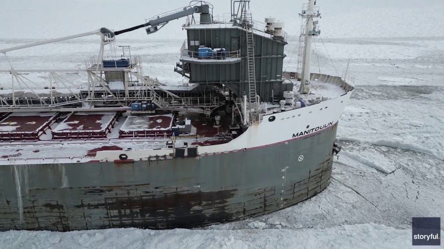 Drone footage shows Canadian freighter trapped by ice on Lake Erie