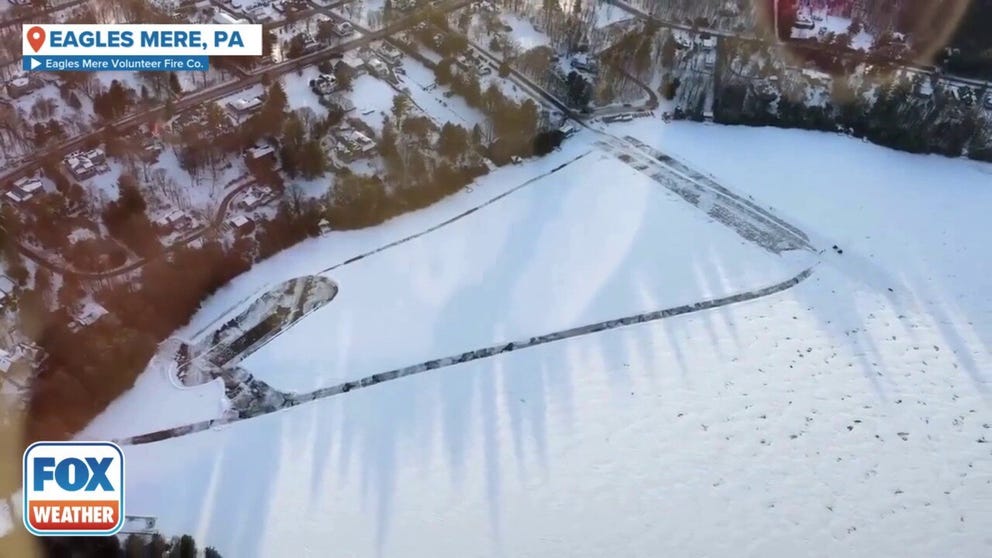 Aerial footage shows the track and ice cutouts of the blocks used to create the Eagles Mere Toboggan Slide in Eagles Mere, Pennsylvania.