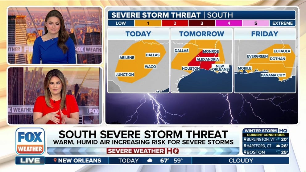 A cross-country storm that’s dumping snow in parts of the Southwest and the Rockies is expected to continue to slide off to the east, and as it does so it could trigger some strong to severe thunderstorms in Texas and along the Gulf Coast. FOX Weather Meteorologists Britta Merwin and Jane Minar have the latest forecast.