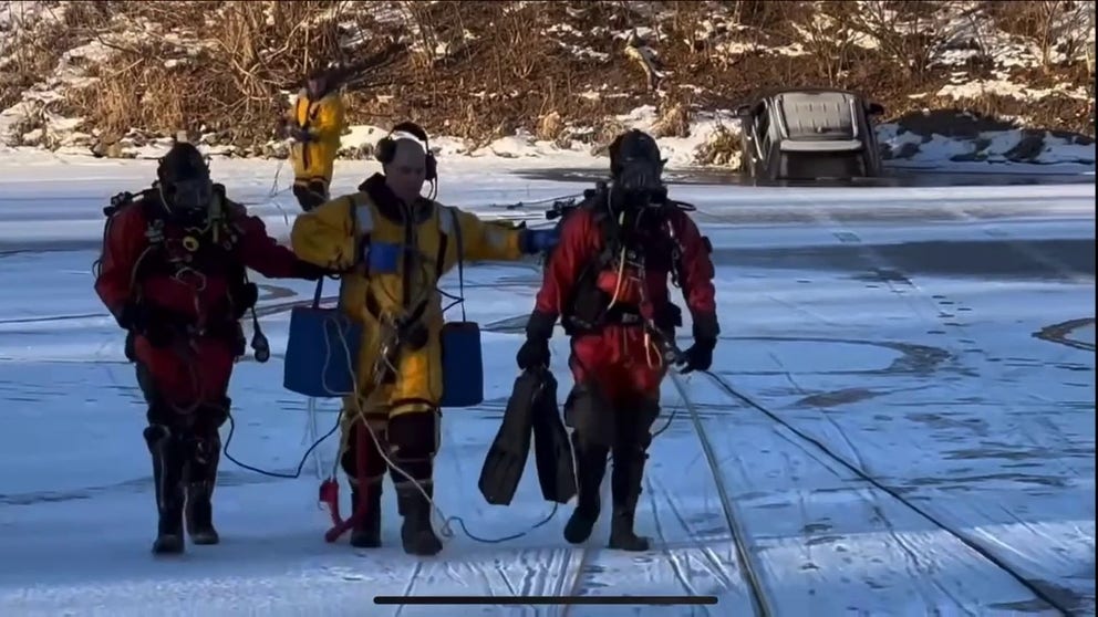 Crews found visible activity on the frozen lake such as bike tracks and written messages. Teams were unable to recover the vehicle and will wait until the spring for the ice to melt.