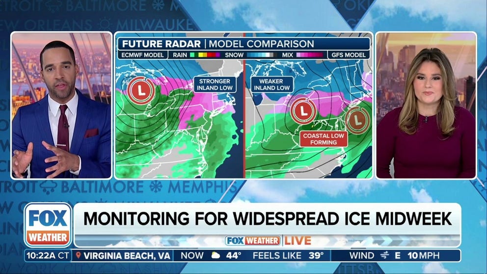 The FOX Forecast Center is monitoring a possible ice threat Wednesday and Thursday in the Great Lakes and Northeast. Sleet and freezing rain are expected, creating dangerous travel conditions.