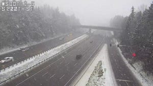 Snow flurries fall in Seatac in Washington on Interstate 5 as Atmospheric River moves through